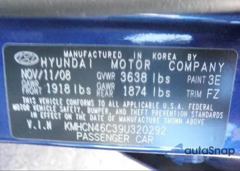 2009 Hyundai Accent Gls from USA, damaged, VIN KMHCN46C39U320292